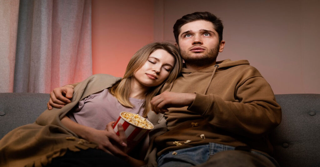 romantic evening date, movie date night, movie night, couple watching tv, inexpensive date ideas